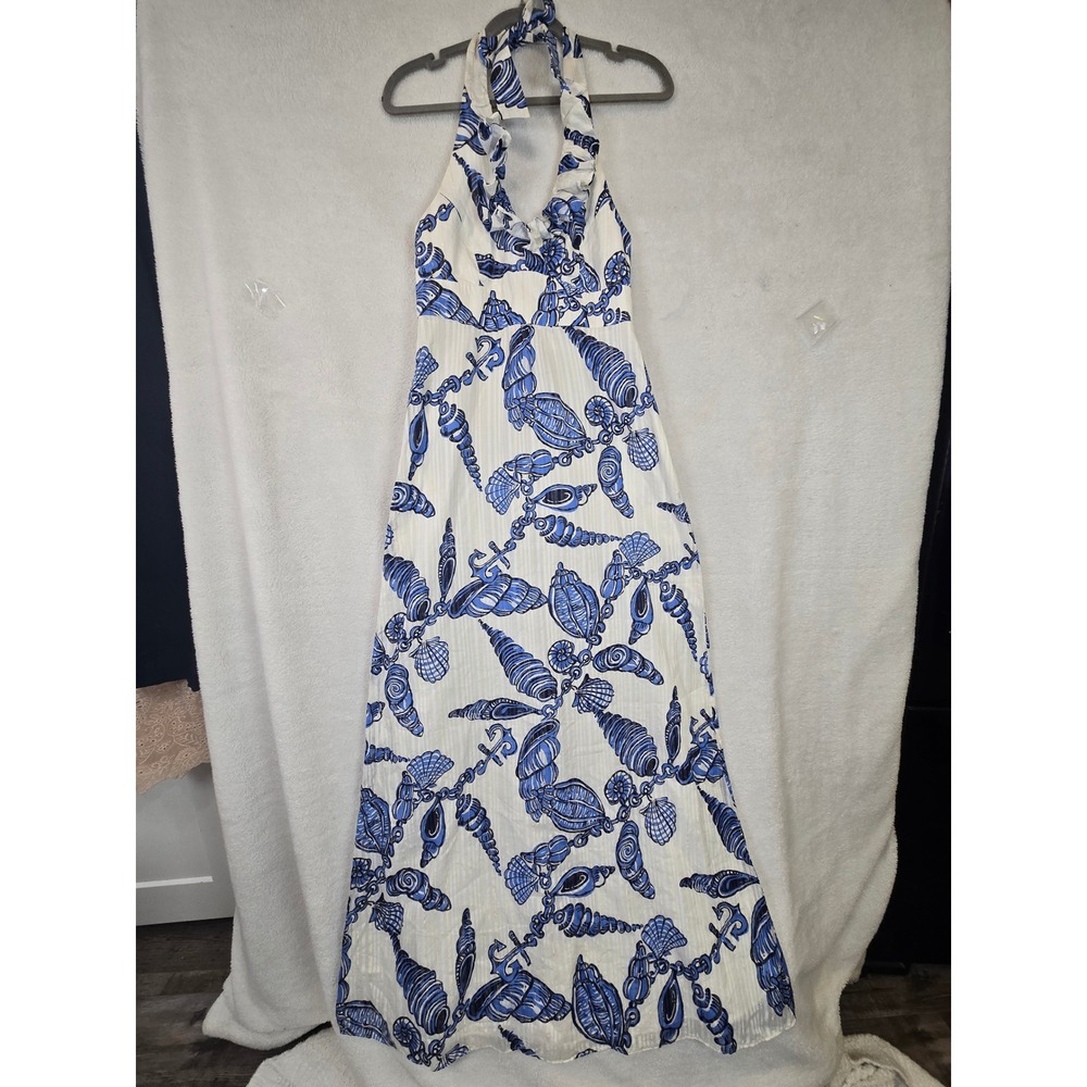 Lilly Pulitzer Blue Seashell Anchor Metallic Stripe Ruffle Halter Maxi Dress 2